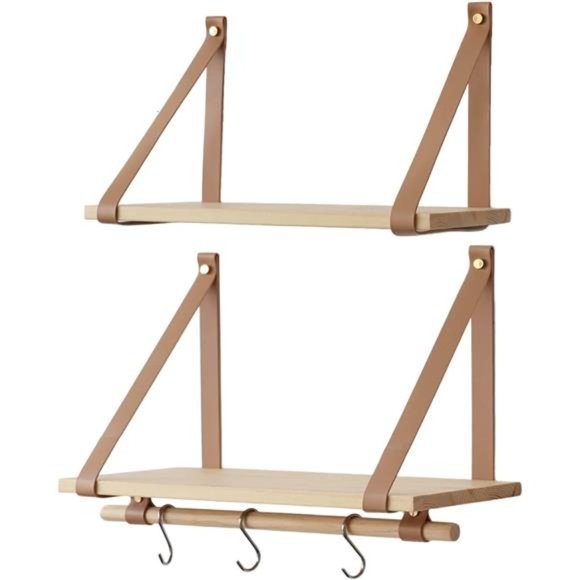 Other - Wall Wood Floating Shelves, PU Leather Strap Storage Shelves, Set of 2